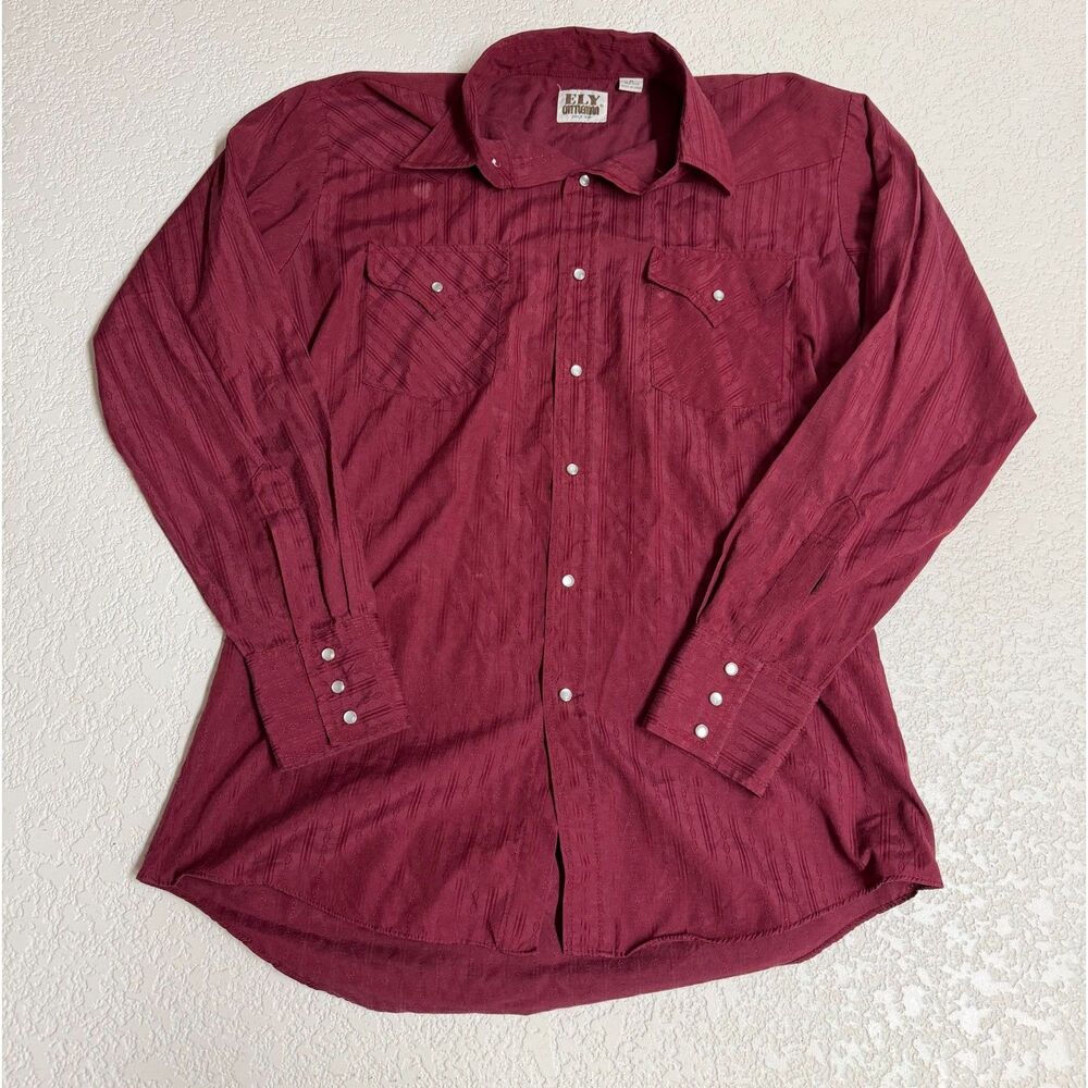 ELY Cattleman Western Pearl Snap Shirt Burgundy Men’s M Textured